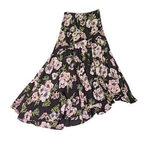 Boho Cottagecore Black Floral Asymmetrical Handkerchief Hem Rayon Maxi Skirt S